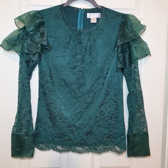 RACHEL PARCELL Lace Flutter Sleeve Top Green Long Sleeve Blouse Size XXS - Picture 2 of 12
